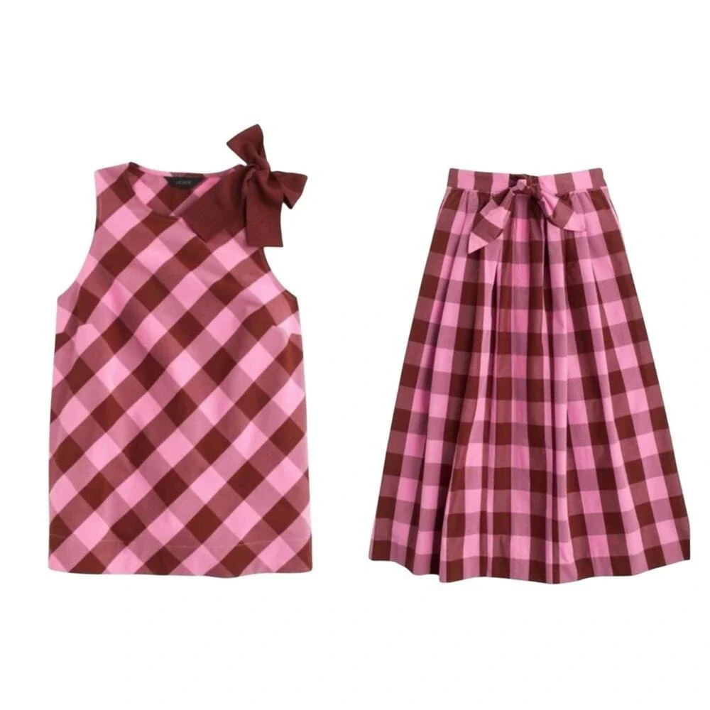 J.Crew Pink Gingham Plaid Bow Skirt Top Matching Set 4